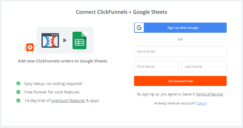 creating account with zapier to connect your clickfunnels account