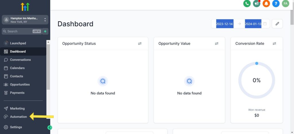 Gohighlevel dashboard with an arrow pointing to "Automation" in the left side of the screen.  - How to create Gohighlevel workflows with recipes.