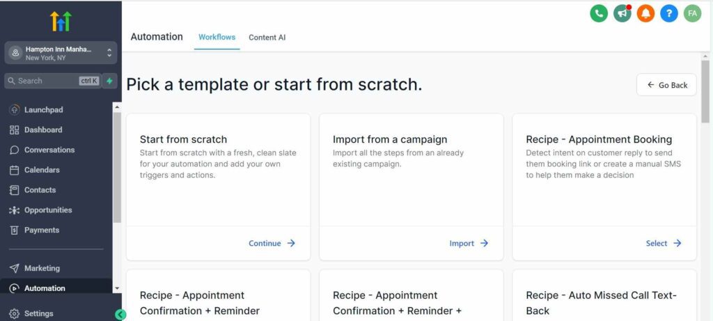 You can start with a blank workflow by choosing "Start from Scratch," or you can use a ready-made template by choosing a "Recipe. - How to create a Gohighlevel workflow with Recipes